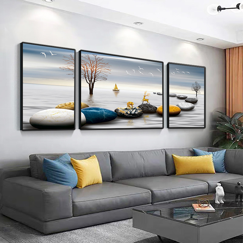 客厅装饰画现代简约沙发背景墙轻奢三联画氺墙画挂画高档风格壁画