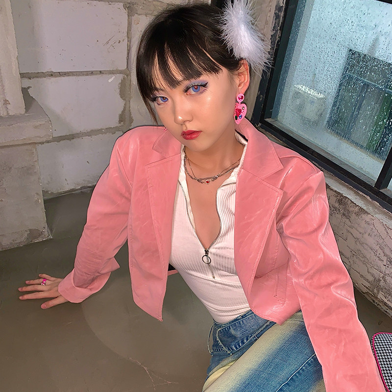 00sbaby 复古千禧y2k辣妹短款修身皮衣夹克欧美风百搭西装小外套