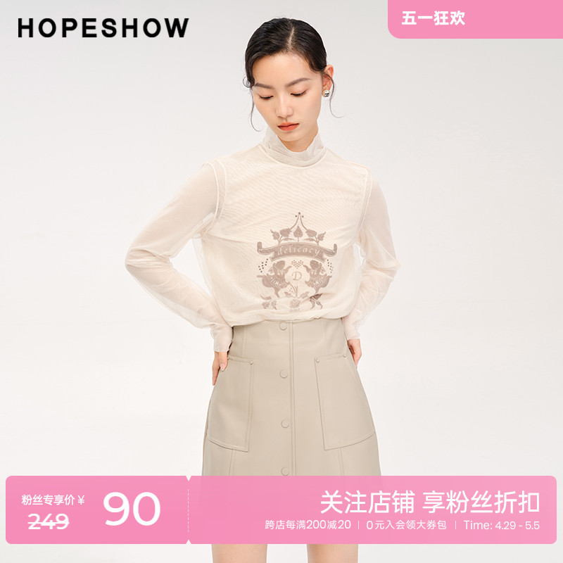 红袖outlets简约字母半高领套头上衣hopeshow2023冬款网纱打底衫