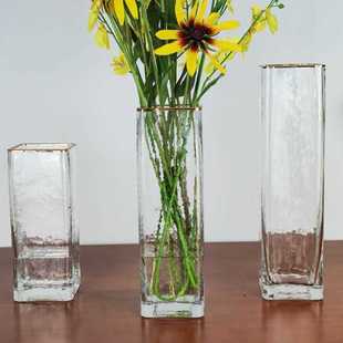 锤纹方口花瓶透明 描金玻璃花瓶 客厅创意欧式简约插花工艺品摆件