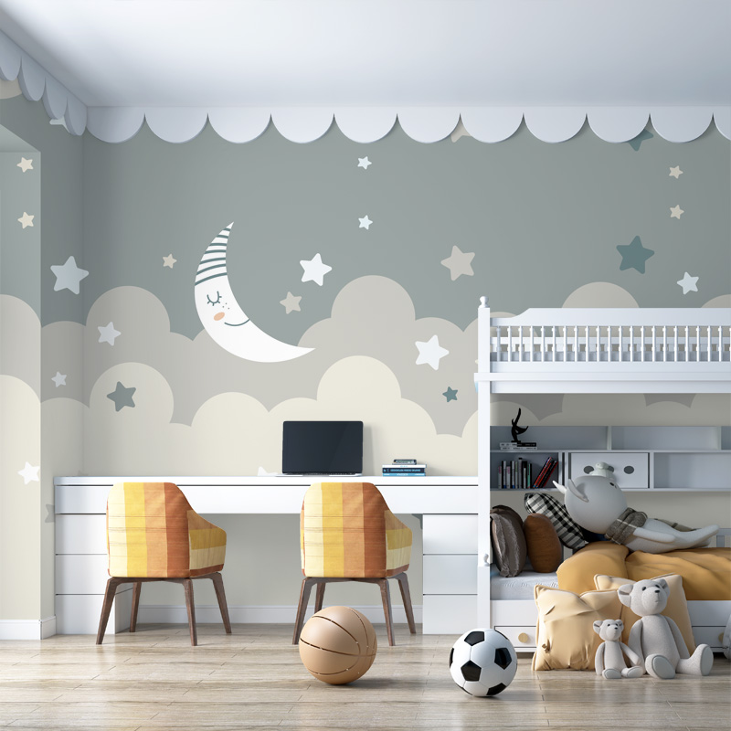 儿童房墙纸ins风可爱卡通粉色温馨壁画女孩卧室星星月亮创意壁布
