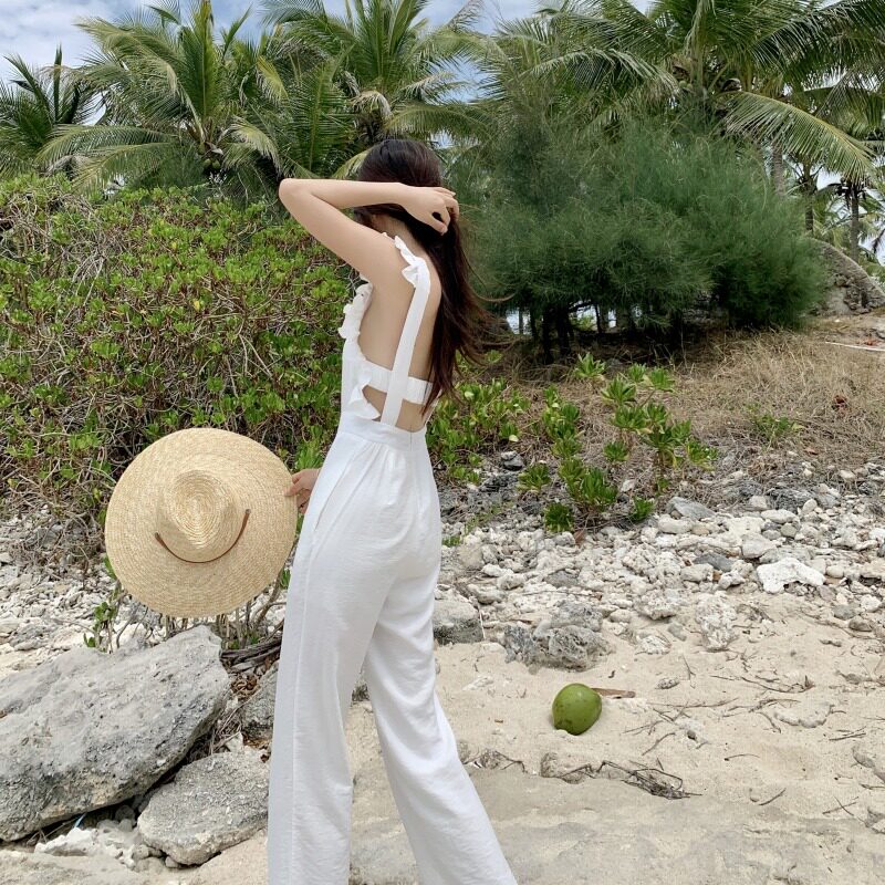 白色性感小心机露背吊带连体裤女夏季高级感高腰直筒九分连衣裤裙