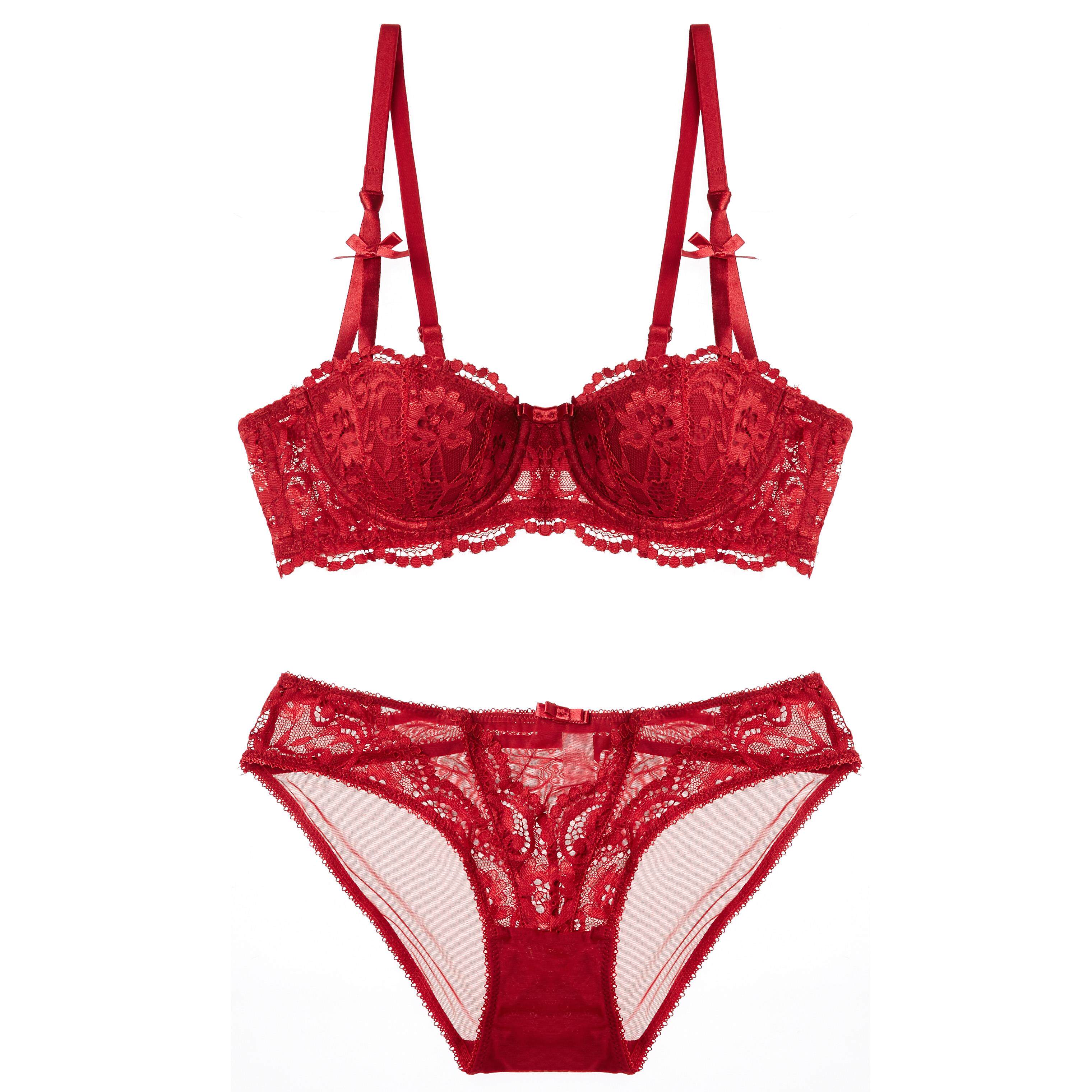 超薄性感黑色本命红色蕾丝小胸半杯薄款文胸套装女士内衣大码透明