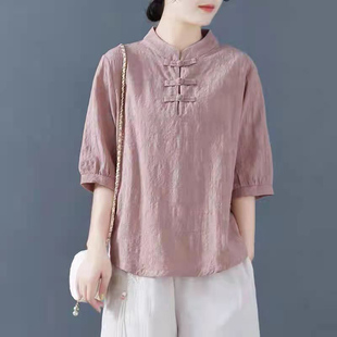 棉麻短袖T恤女夏季2024年新款韩版宽松中式盘扣立领亚麻复古上衣