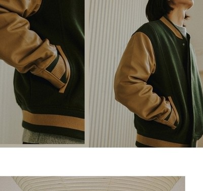 韩国设计师 Cowhide Wool jacket 麦尔登羊毛呢 荔枝真牛皮棒球服