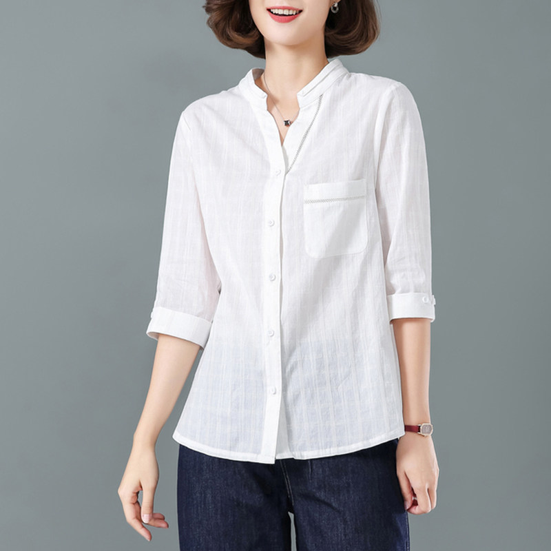 纯棉衬衫女七分袖2022夏装新款中年妈妈宽松春秋中袖衬衣全棉上衣