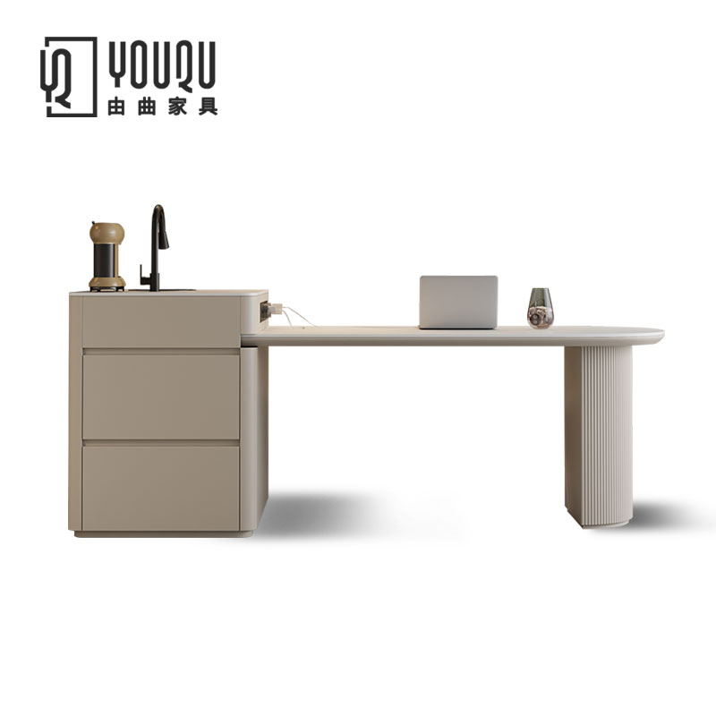 多功能带水槽岩板吧台可伸缩岛台餐桌一体法式奶油风大小户型家用