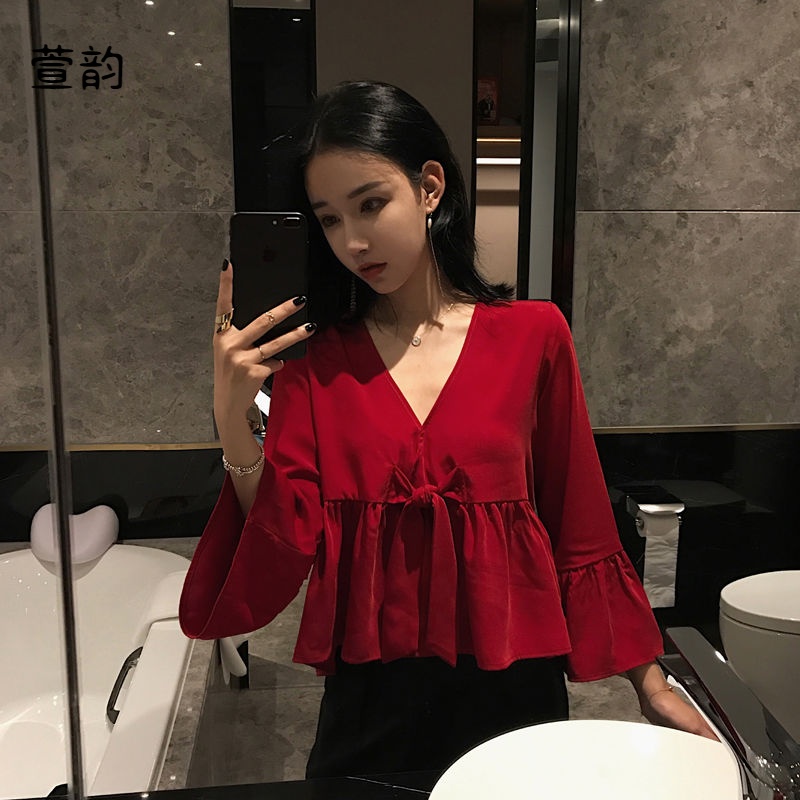 秋季新款韩版宽松v领喇叭袖雪纺衫女长袖娃娃衫短款上衣|ruв категории движение/йога/фитнес/фанаты товаров, йога, йога одежды, йога майка - от Buy2taobao.com для оказания профессиональной услуги покупки агента Taobao