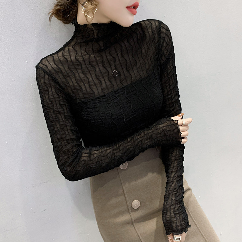 半高领打底衫女秋冬洋气黑色内搭透视网纱长袖女气质上衣蕾丝小衫