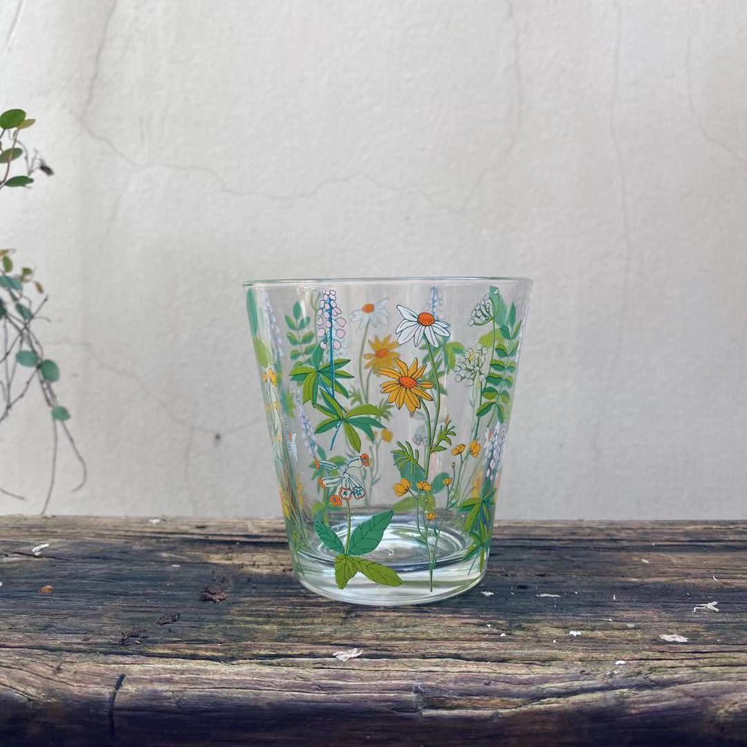 OPM小集市|白色绣球图案日本玻璃杯现货北欧风格碎花水杯果汁杯