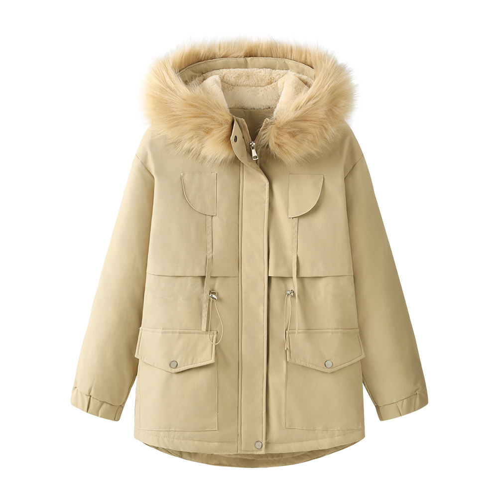 加绒外套女中长款工装韩版宽松冬季新款时尚大毛领派克棉服棉衣