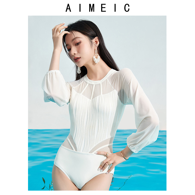 AIMEIC性感网纱拼接连体泳衣女白色夏季新款显瘦遮肚露背休闲泳装