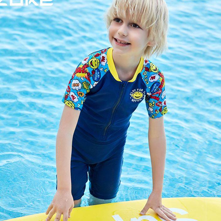 洲克儿童泳衣男童连体中大童温泉男孩泳装套装2021新款男童游泳衣