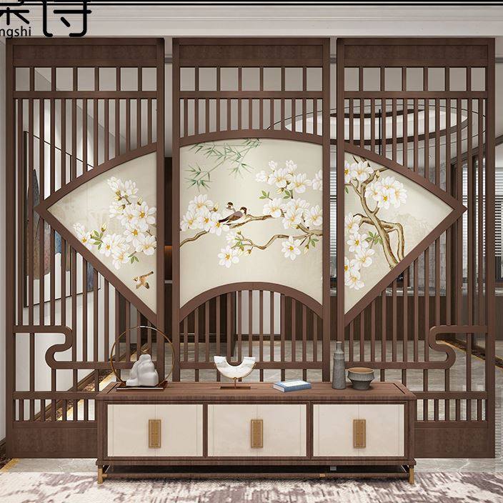 现代中式实木大气稳厚扇形联屏隔断墙隔断会所客厅书房花鸟大屏风