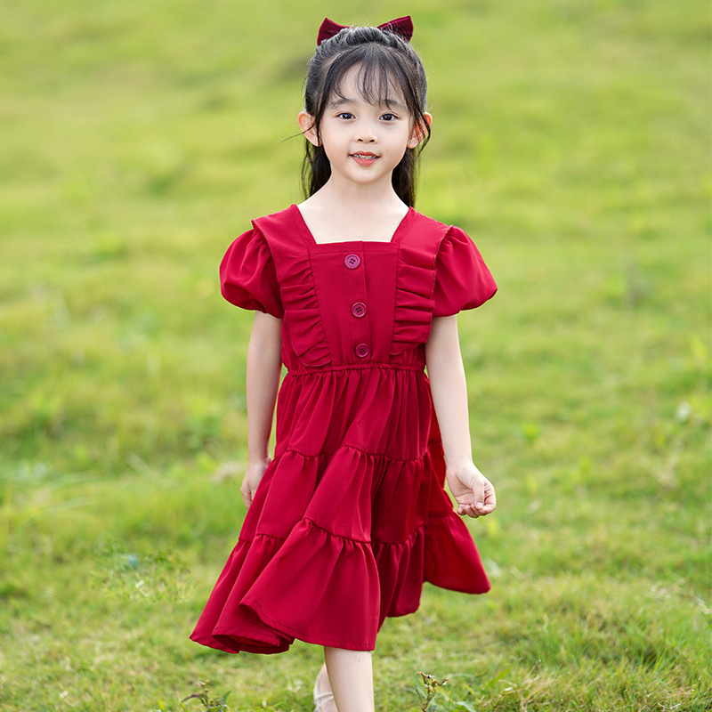 儿童连衣裙中小童新款韩版甜美纯色公主裙女童漂亮裙子夏