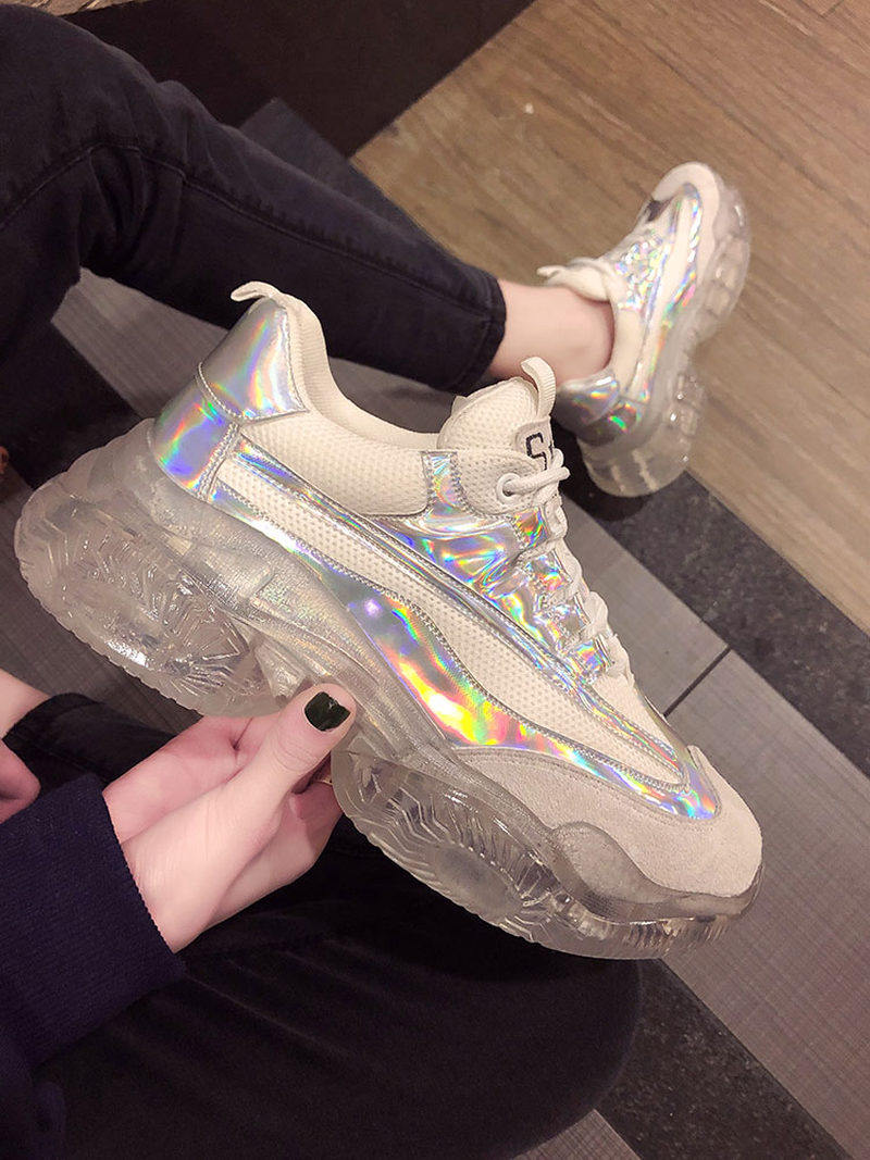 香港潮牌水晶底老爹鞋女ins潮秋冬款亮面超火百搭运动休闲松糕鞋
