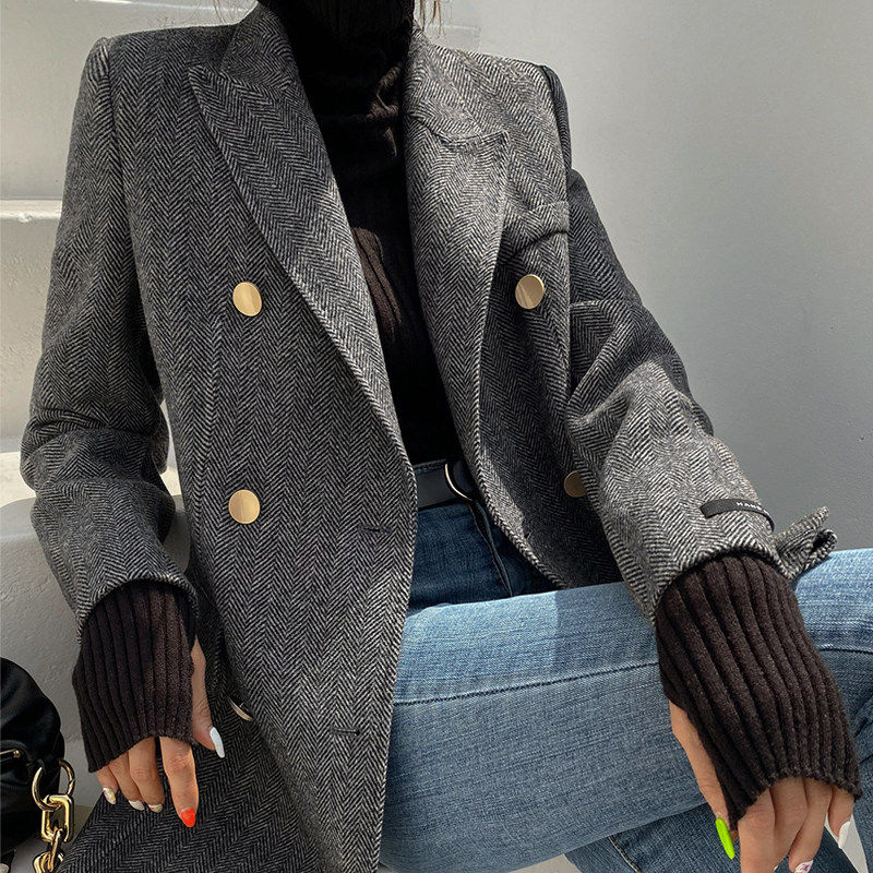 sandromoscoloni人字纹双面羊绒大衣女秋冬款双排扣显瘦西装外套