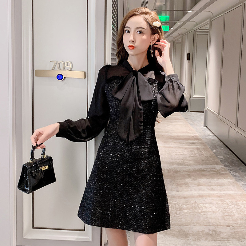 小香风连衣裙女春秋装2021新款法式名媛气质收腰显瘦黑色雪纺裙子