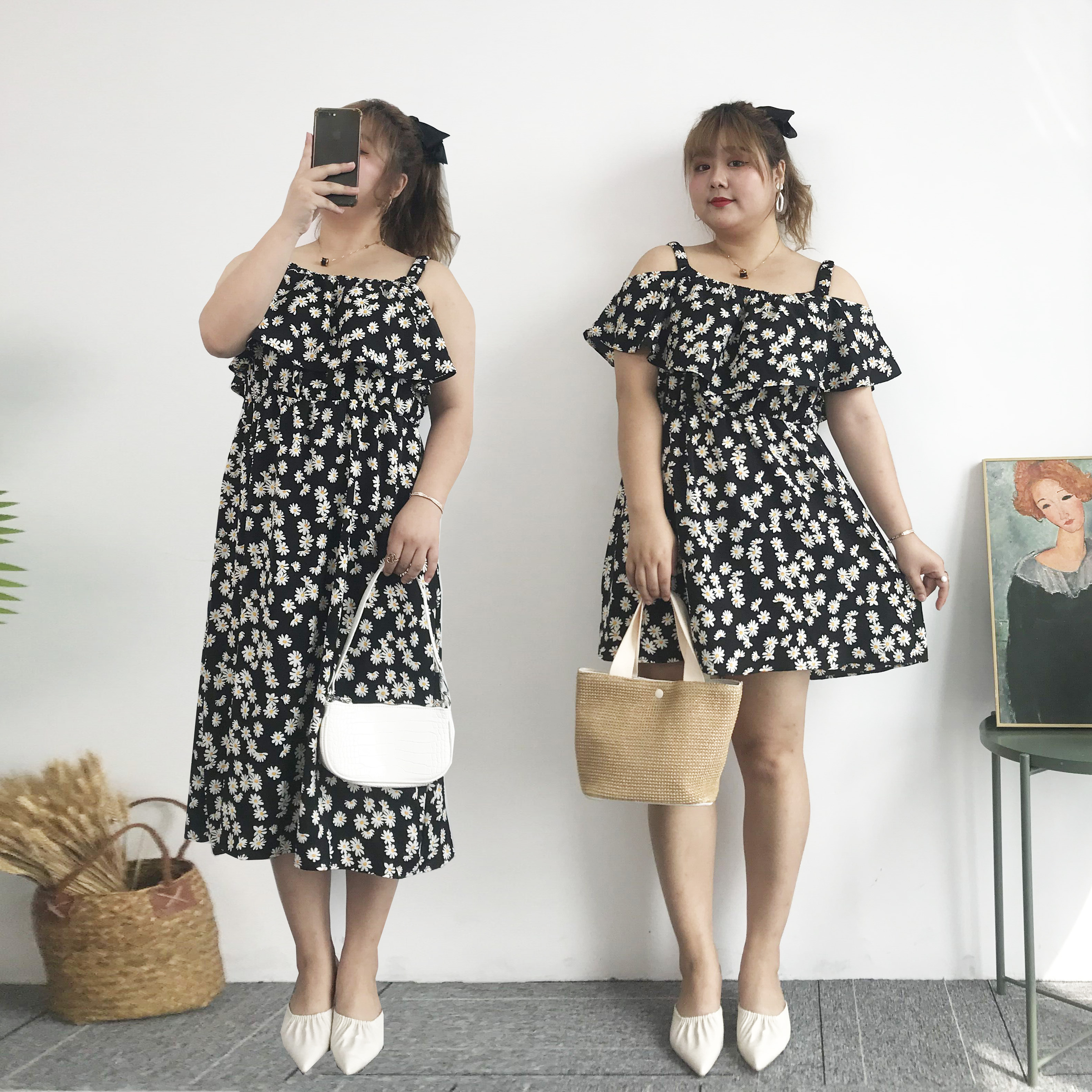 特肥大码女装220斤胖mm夏季赫本风可盐可甜连衣裙雏菊两穿吊带裙