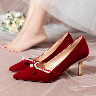 珍珠婚鞋禾秀婚纱两穿小众高级感新娘礼服中式婚礼订婚高跟鞋5cm7