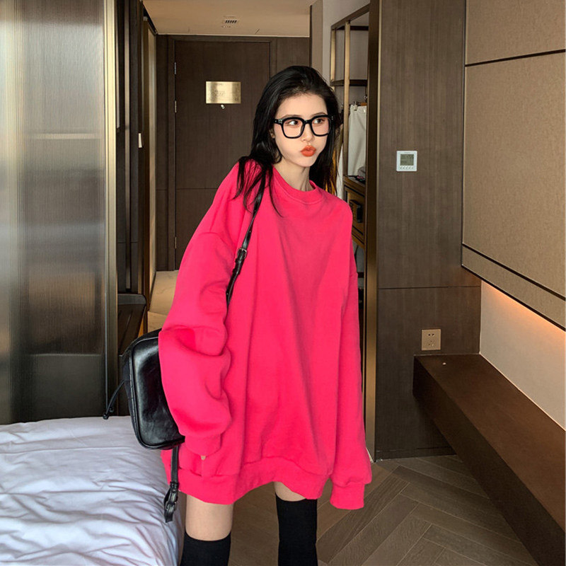 玫红色2021新款无帽卫衣女秋冬加绒加厚宽松韩版中长款慵懒风外套