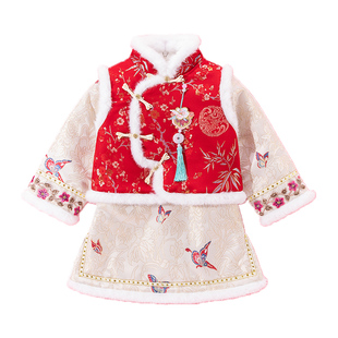 女童新中式高端红色旗袍拜年服套装儿童2024新款汉服连衣裙新年装