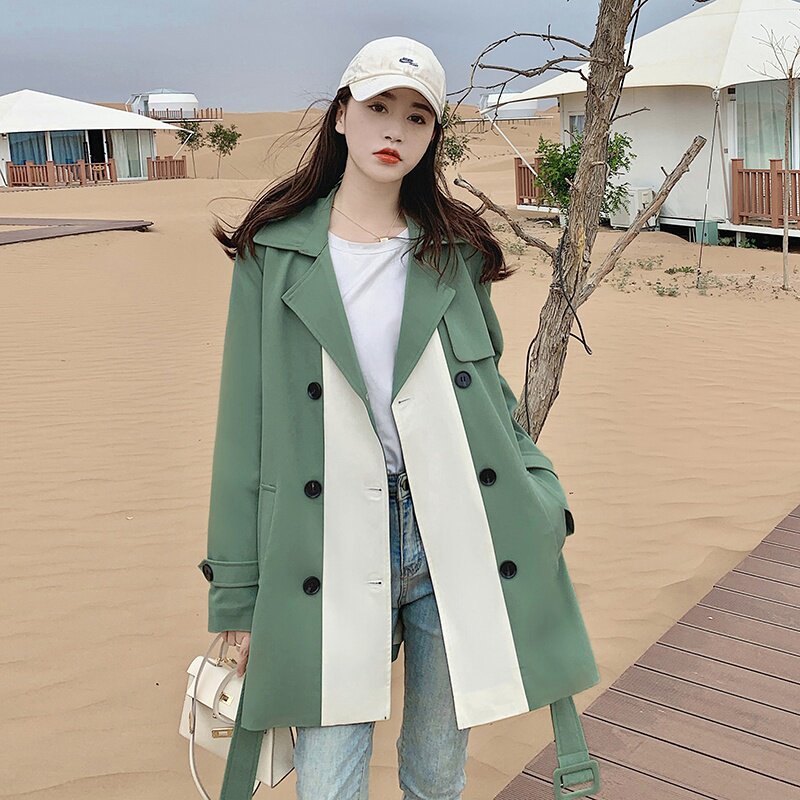2021秋季新款绿色中长款风衣女韩版休闲撞色拼接英伦风小个子外套