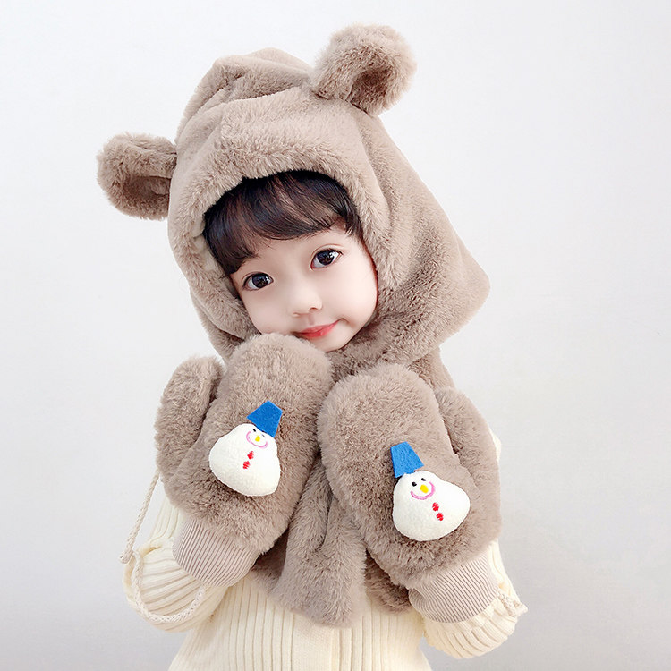 儿童帽子围巾一体帽套装冬季宝宝可爱三件套手套超萌可爱冬天帽子