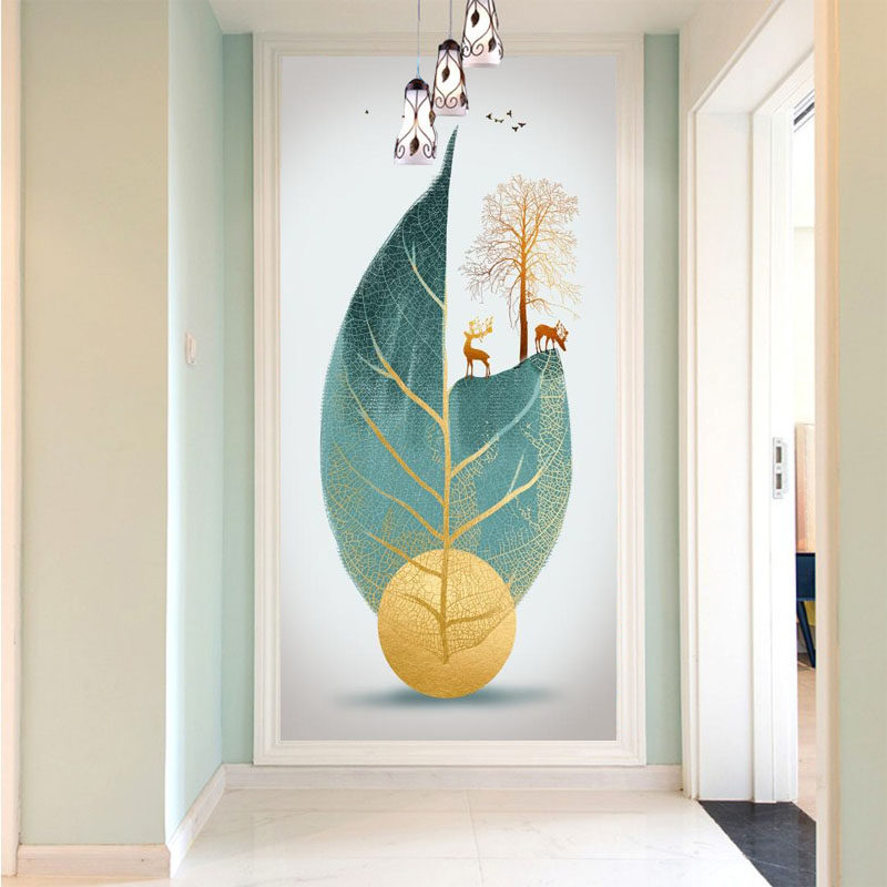 玄关背景墙壁纸抽象树叶麋鹿墙纸轻奢风格走廊过道竖版装饰画壁布