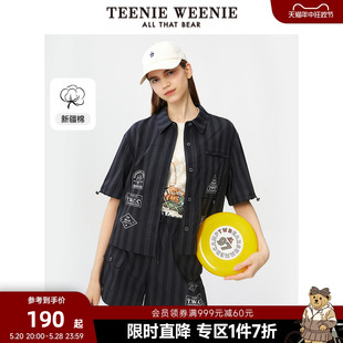 TeenieWeenie小熊奥莱夏季休闲宽松条纹短袖衬衫黑色衬衣上衣女装