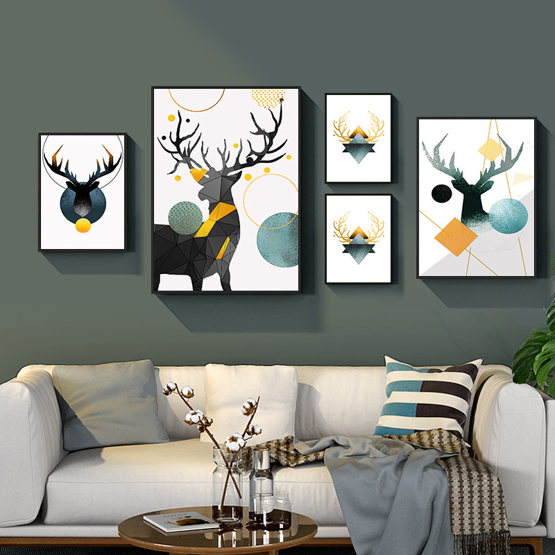 北欧风格客厅装饰画沙发后背景墙面挂画轻奢现代简约组合麋鹿壁画