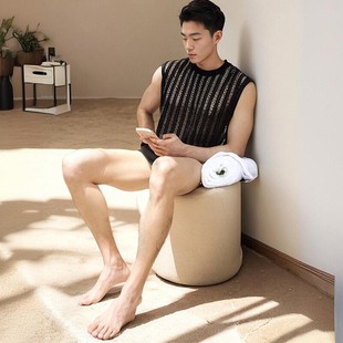 夏季背心针织网格镂空透明薄款男士圆领坎肩T恤韩版休闲无袖潮流