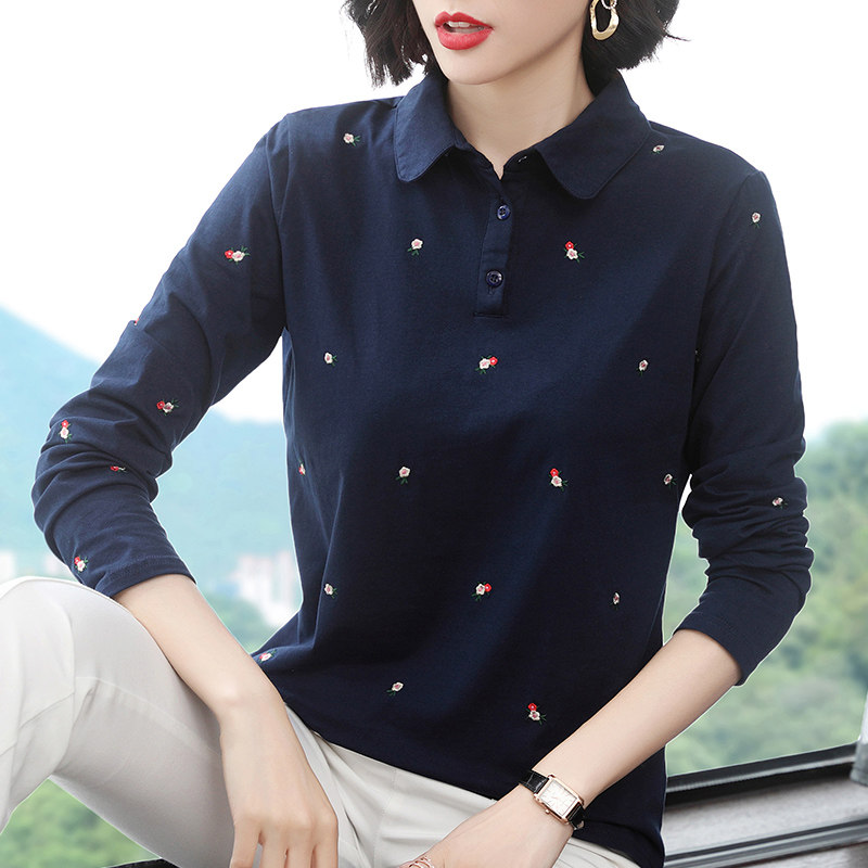 女士翻领t恤女长袖2021年新款春款宽松有带领子运动polo衫上衣已售2