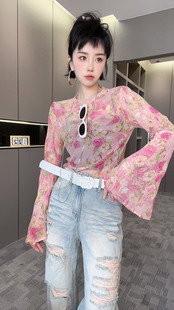 RR fashion 长袖T恤女2024夏季新款拼色花朵薄款打底衫套头上衣