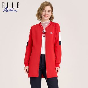 ELLE Active2024春季新款拼色针织中长款针织保暖外套棒球服女