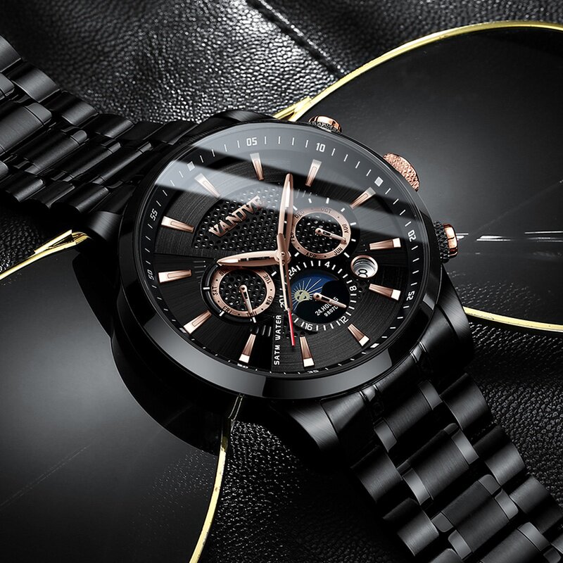 凡爵手表男士机械表全自动时尚钢带夜光黑色潮流防水2019新款男表