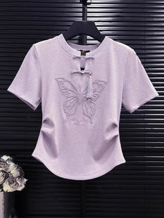 新中式紫色短袖女T恤夏季2024新款国风盘扣蝴蝶刺绣修身短款上衣