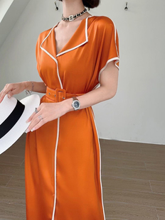醋酸真丝连衣裙夏季新款短袖V领气质收腰大码女装韩版时尚裙子