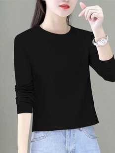 韩国纯棉黑色长袖t恤女春季2024新款洋气大码宽松短款减龄打底衫