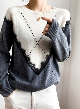蕾丝拼接插肩袖毛衣