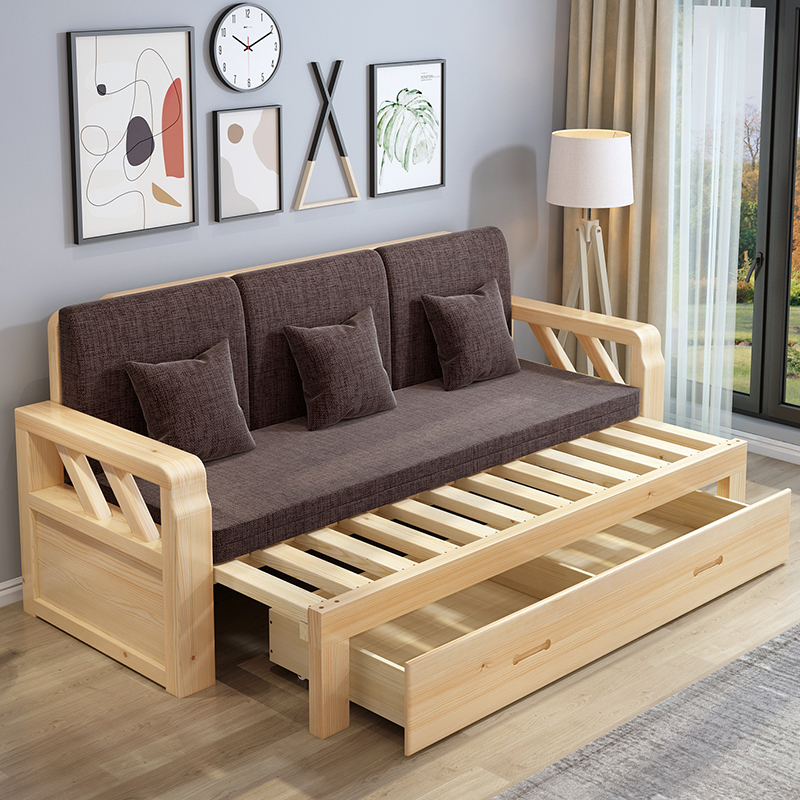 实木沙发床双人可折叠推拉小户型客厅