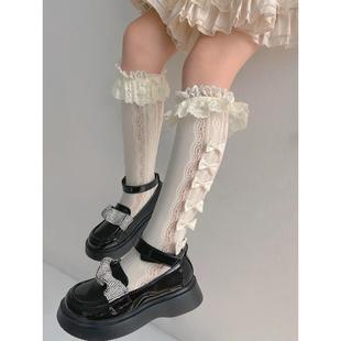 女童袜子春夏蝴蝶结蕾丝公主堆堆袜女宝宝日系可爱洛丽塔中筒袜