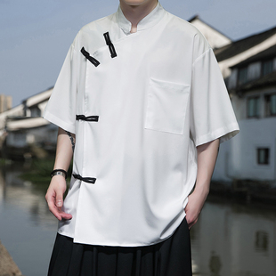 新中式国风衬衫男短袖夏季薄款冰丝盘扣汉服高级感文艺七分袖唐装