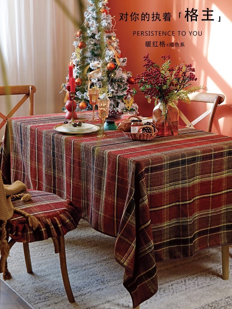 拾布饰家美式红格子桌布家用长方形复古茶几布圣诞节餐桌布艺定制