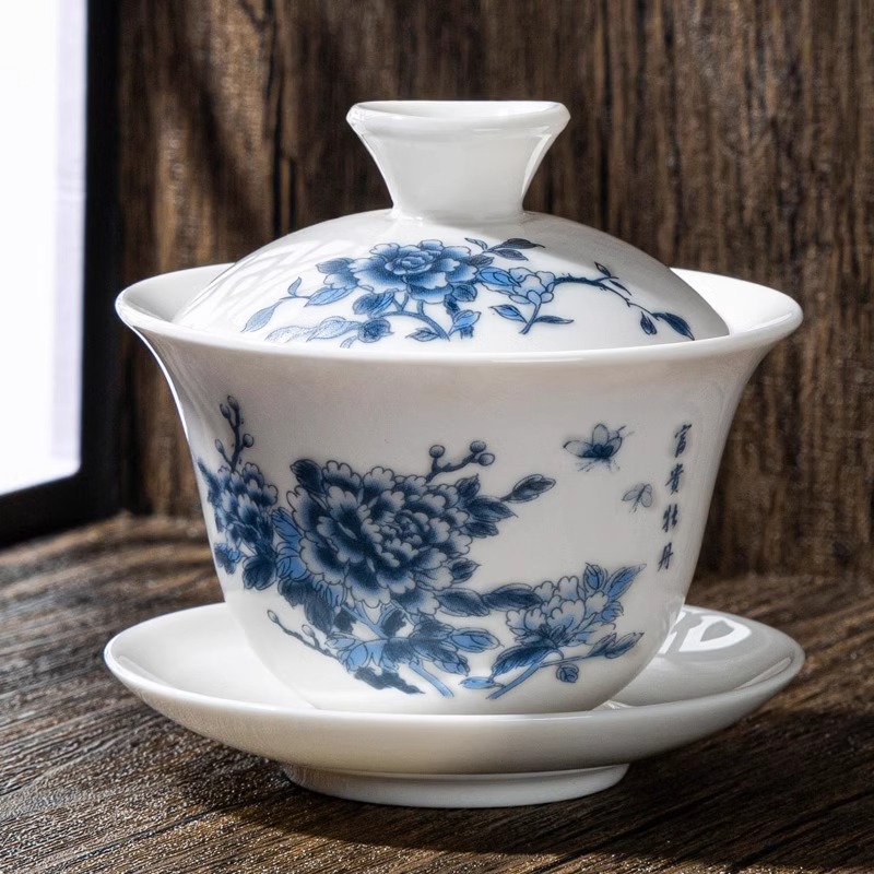 德化白瓷功夫三才盖碗茶杯陶瓷茶碗家用单个泡茶碗带盖子高端茶具