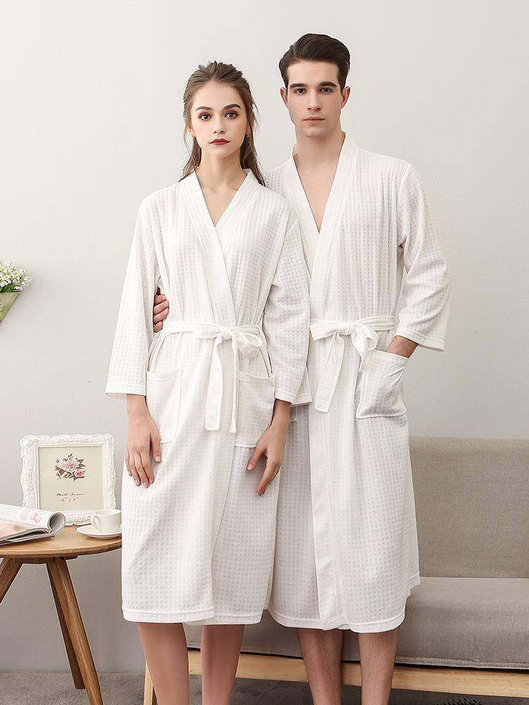 浴袍女夏季纯棉薄款防走光水速干酒店华夫格情侣睡袍可穿浴衣睡
