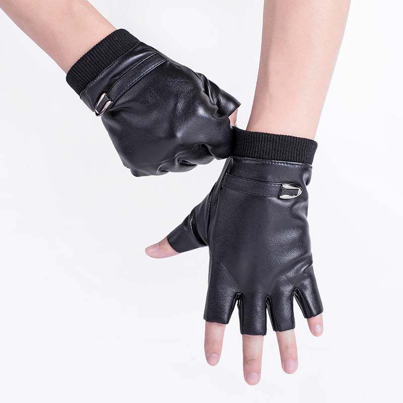 半指皮手套男士露指女冬季保暖加绒骑行漏手指半截无指薄款防水