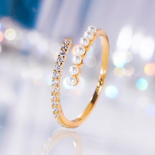 纯18K黄金进口莫桑石淡水珍珠戒指可调节轻奢时尚AU750镶嵌首饰新