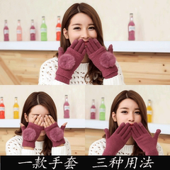 可爱女士韩版双层女冬半指保暖加厚羊毛三用学生针织冬季手套