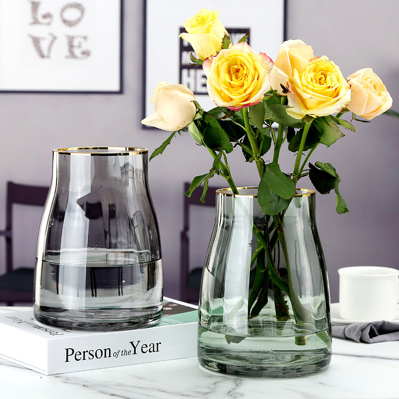 ins花瓶轻奢北欧透明玻璃描金客厅水培餐桌鲜花插花水养花器摆件